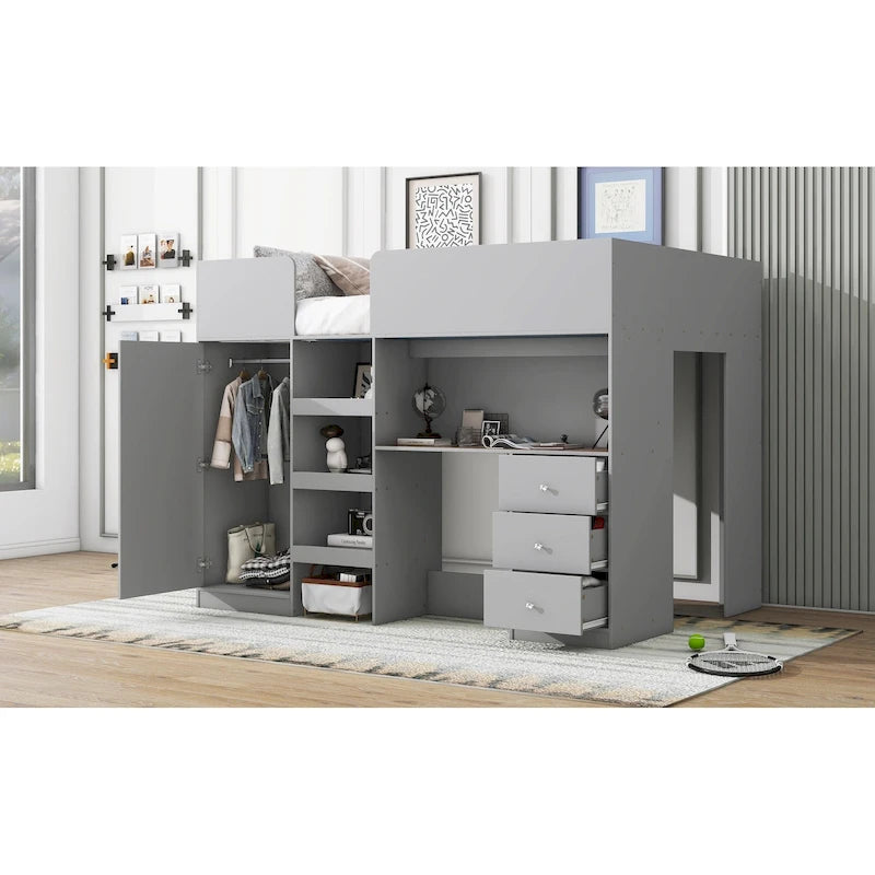 Grey Full Size Loft Bed with Wardrobe Desk Drawers and Storage Shelves