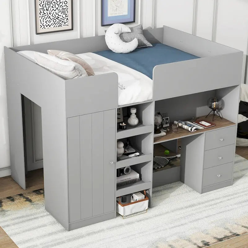 Grey Full Size Loft Bed with Wardrobe Desk Drawers and Storage Shelves