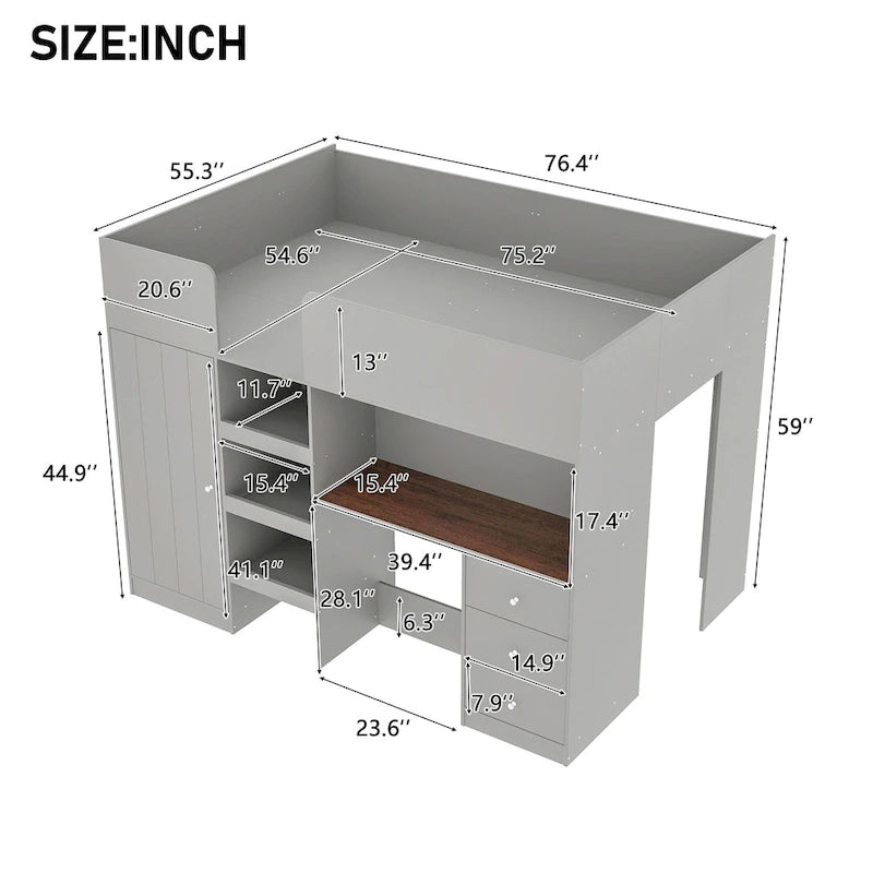 Grey Full Size Loft Bed with Wardrobe Desk Drawers and Storage Shelves