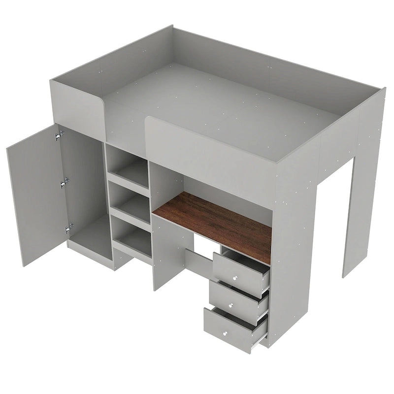 Grey Full Size Loft Bed with Wardrobe Desk Drawers and Storage Shelves