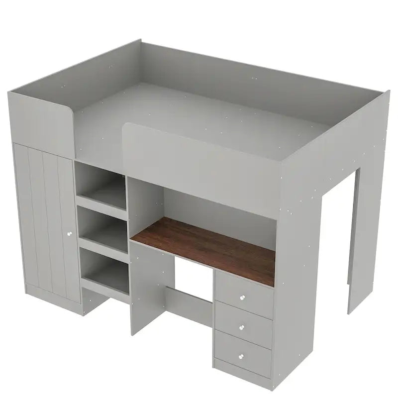 Grey Full Size Loft Bed with Wardrobe Desk Drawers and Storage Shelves