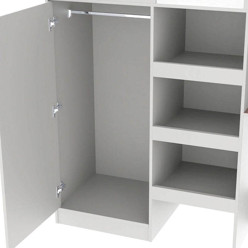 Grey Full Size Loft Bed with Wardrobe Desk Drawers and Storage Shelves