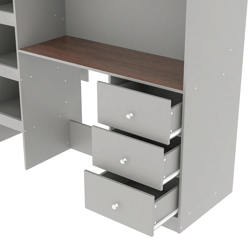 Grey Full Size Loft Bed with Wardrobe Desk Drawers and Storage Shelves