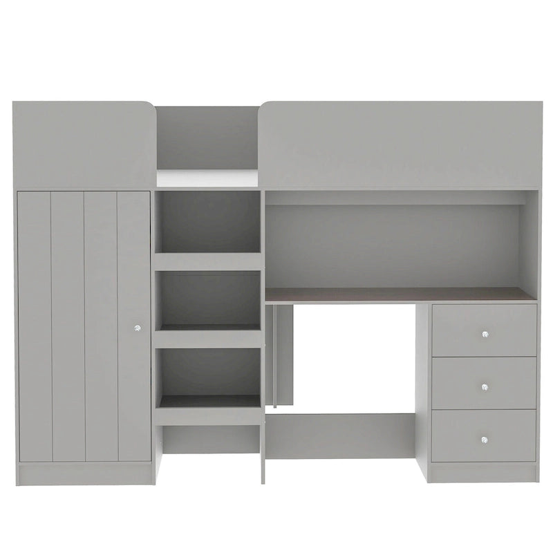 Grey Full Size Loft Bed with Wardrobe Desk Drawers and Storage Shelves