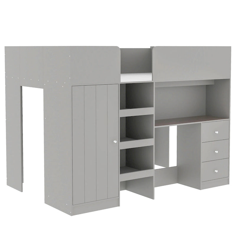 Grey Full Size Loft Bed with Wardrobe Desk Drawers and Storage Shelves