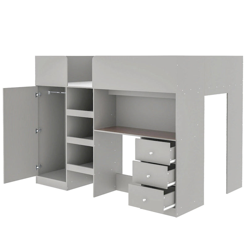 Grey Full Size Loft Bed with Wardrobe Desk Drawers and Storage Shelves