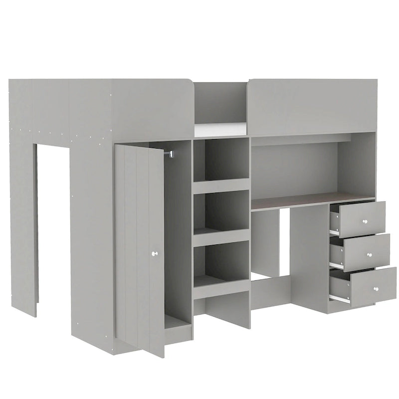 Grey Full Size Loft Bed with Wardrobe Desk Drawers and Storage Shelves