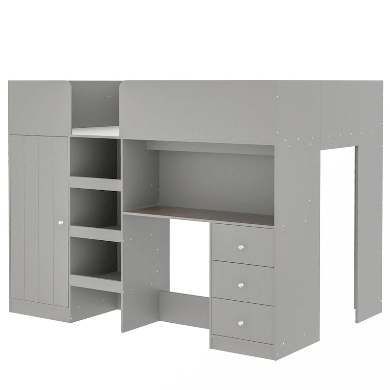 Grey Full Size Loft Bed with Wardrobe Desk Drawers and Storage Shelves