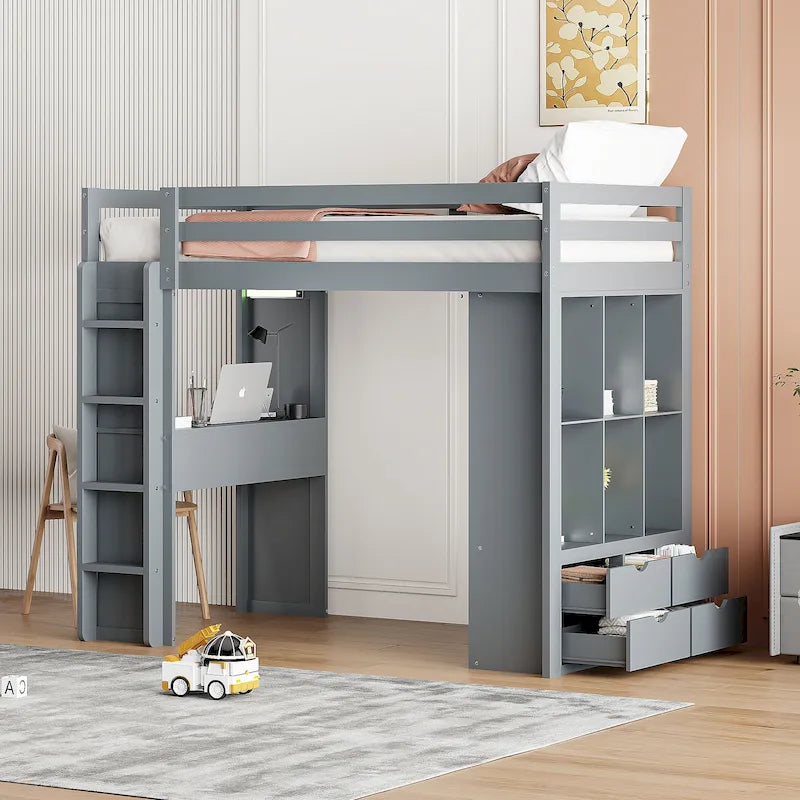 Wood Loft Bed with Desk Shelves Drawers and LED Light, White/Grey