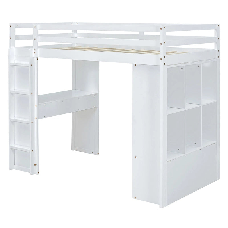 Wood Loft Bed with Desk Shelves Drawers and LED Light, White/Grey