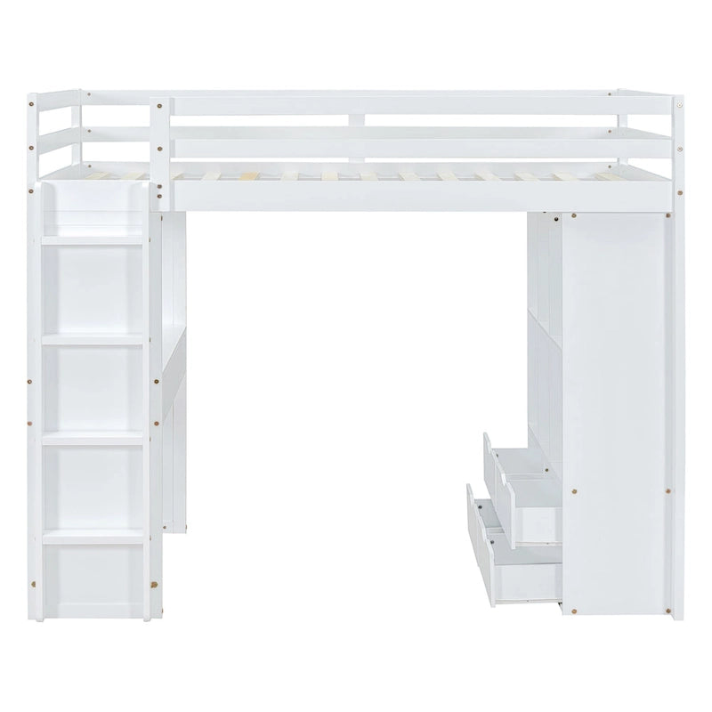Wood Loft Bed with Desk Shelves Drawers and LED Light, White/Grey