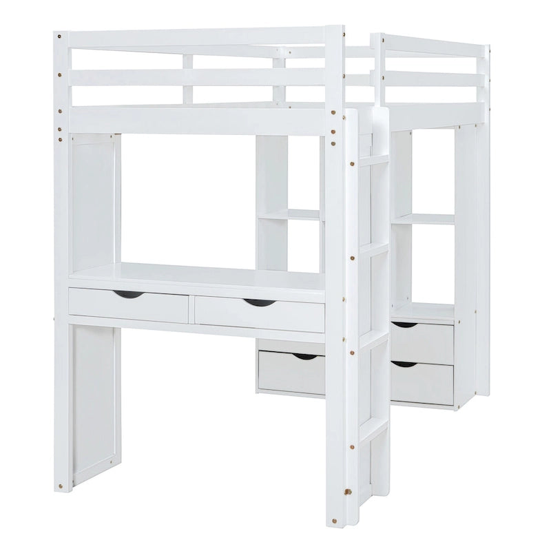 Wood Loft Bed with Desk Shelves Drawers and LED Light, White/Grey