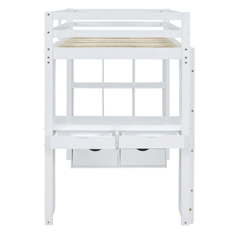 Wood Loft Bed with Desk Shelves Drawers and LED Light, White/Grey