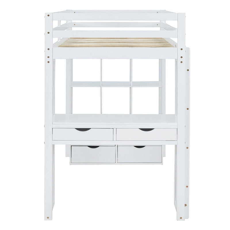 Wood Loft Bed with Desk Shelves Drawers and LED Light, White/Grey