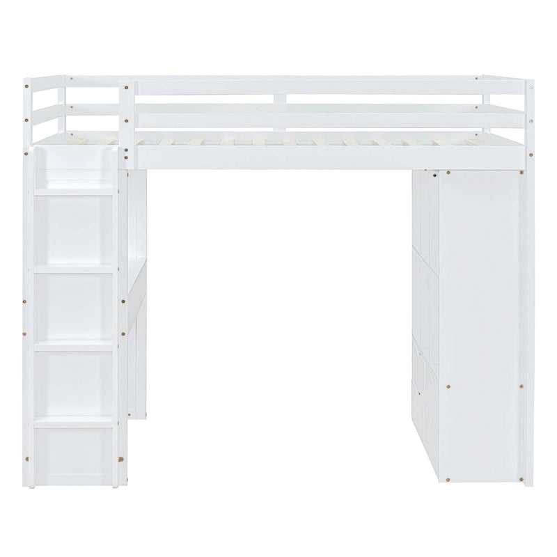 Wood Loft Bed with Desk Shelves Drawers and LED Light, White/Grey