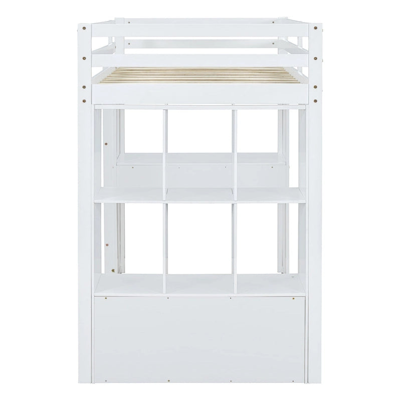 Wood Loft Bed with Desk Shelves Drawers and LED Light, White/Grey
