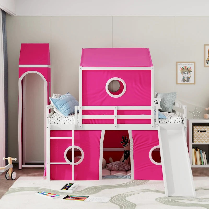 Kids Castle Loft Bed with Slide Tent and Tower, Pink/Blue