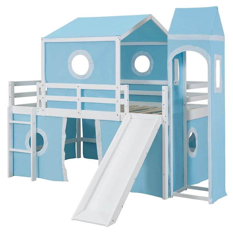 Kids Castle Loft Bed with Slide Tent and Tower, Pink/Blue