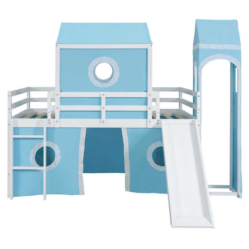 Kids Castle Loft Bed with Slide Tent and Tower, Pink/Blue