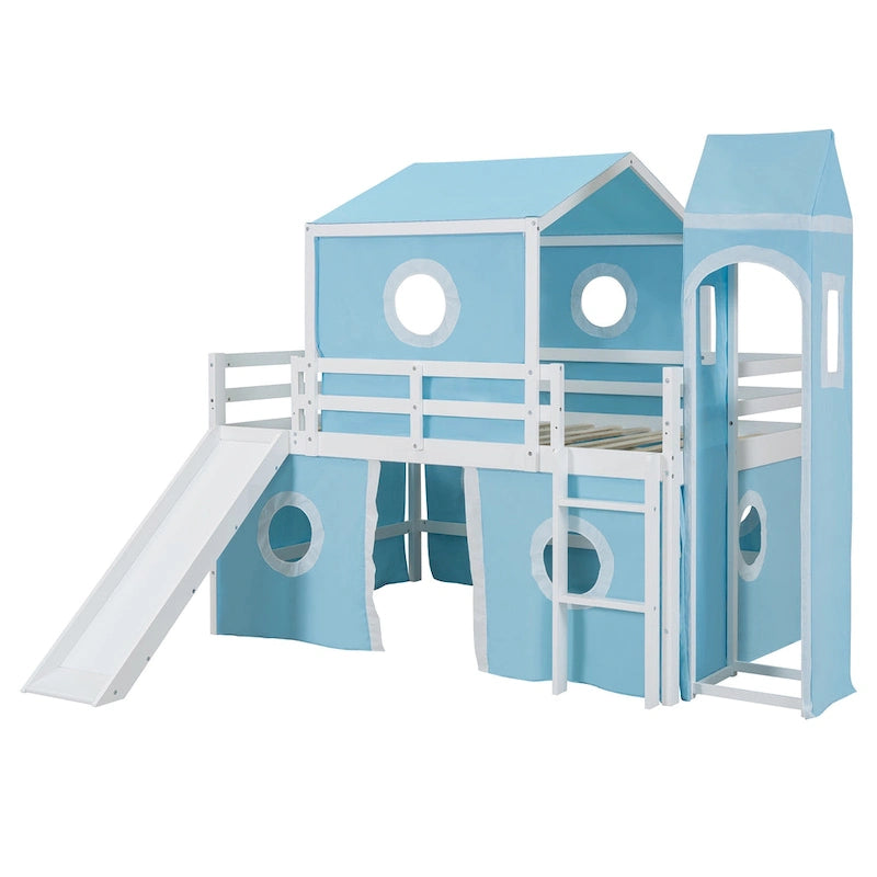 Kids Castle Loft Bed with Slide Tent and Tower, Pink/Blue