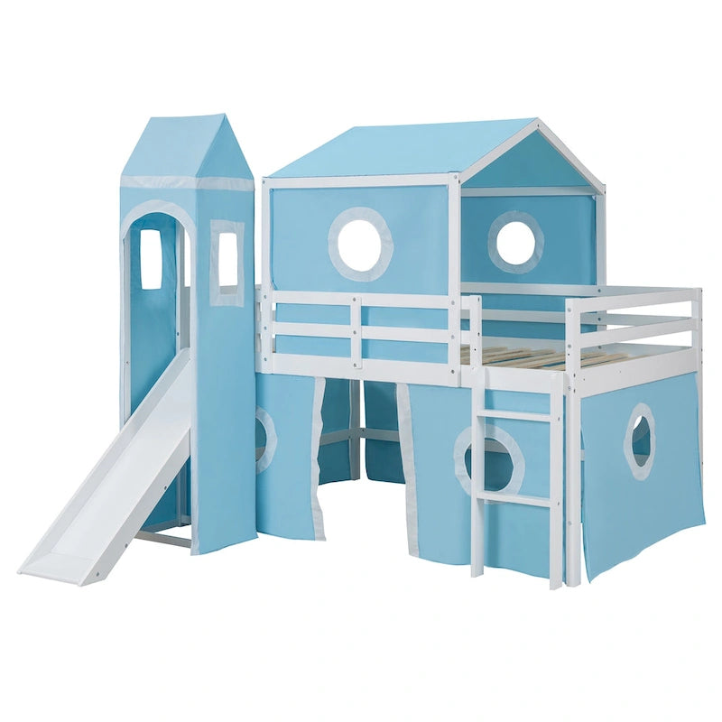 Kids Castle Loft Bed with Slide Tent and Tower, Pink/Blue