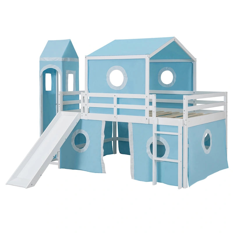 Kids Castle Loft Bed with Slide Tent and Tower, Pink/Blue