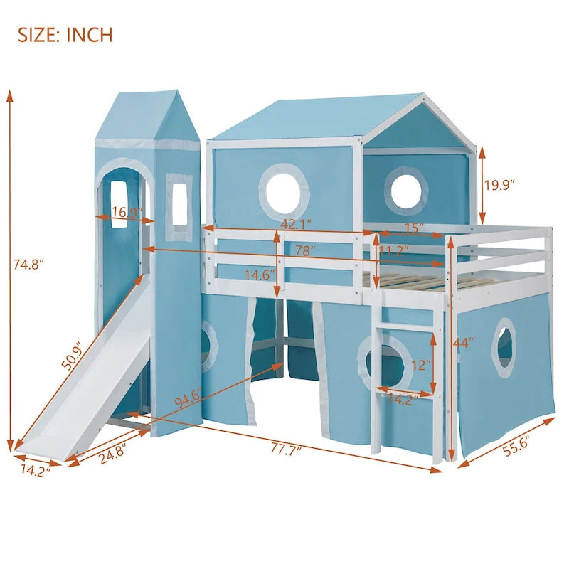 Kids Castle Loft Bed with Slide Tent and Tower, Pink/Blue