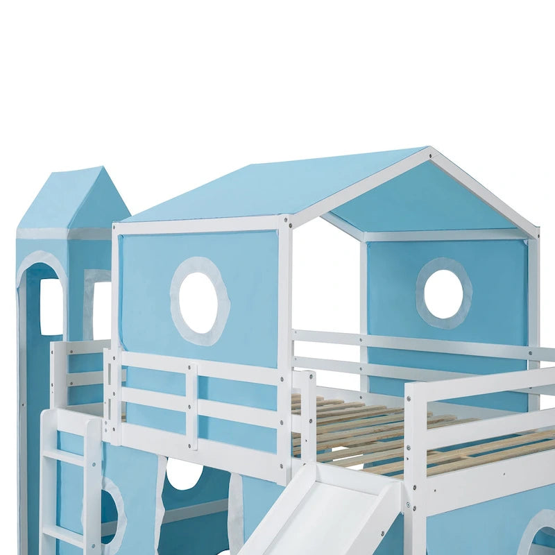 Kids Castle Loft Bed with Slide Tent and Tower, Pink/Blue