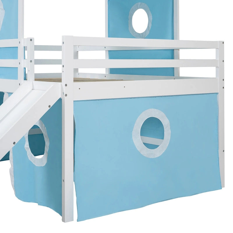 Kids Castle Loft Bed with Slide Tent and Tower, Pink/Blue