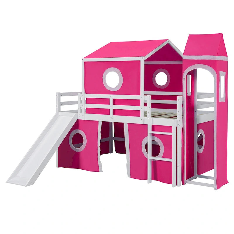 Kids Castle Loft Bed with Slide Tent and Tower, Pink/Blue