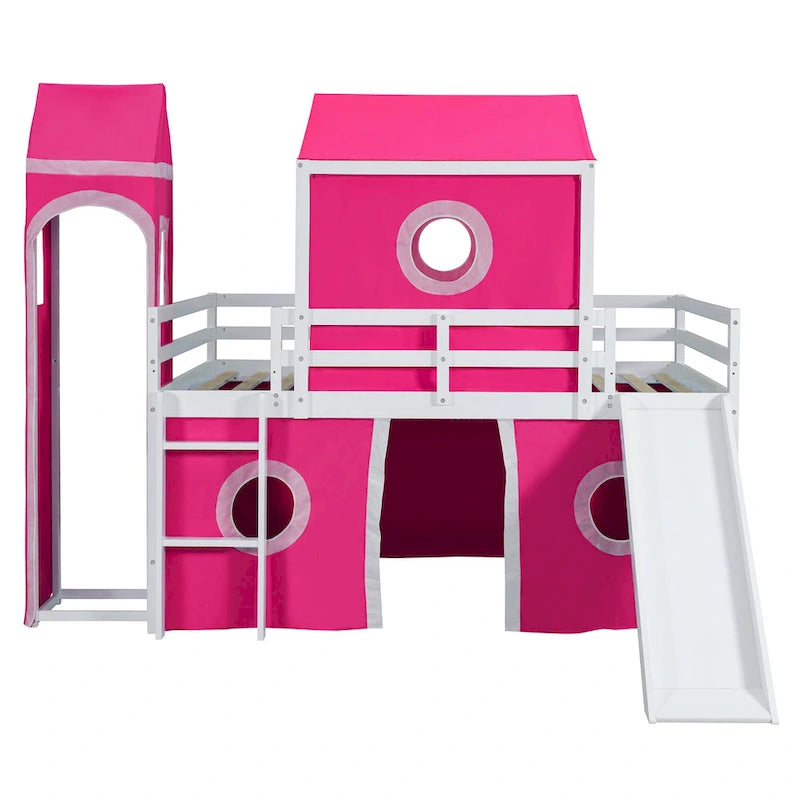 Kids Castle Loft Bed with Slide Tent and Tower, Pink/Blue