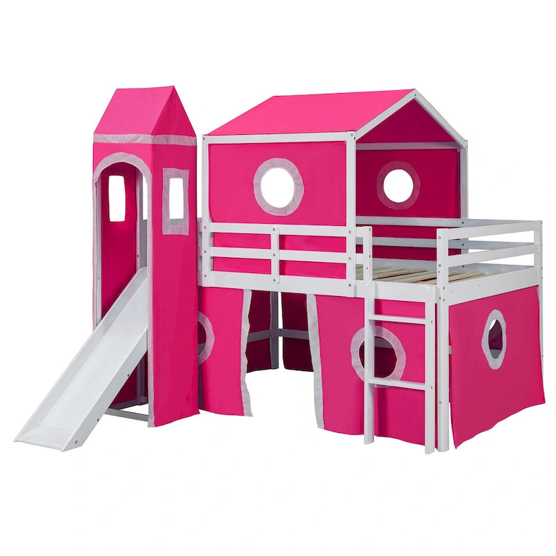 Kids Castle Loft Bed with Slide Tent and Tower, Pink/Blue