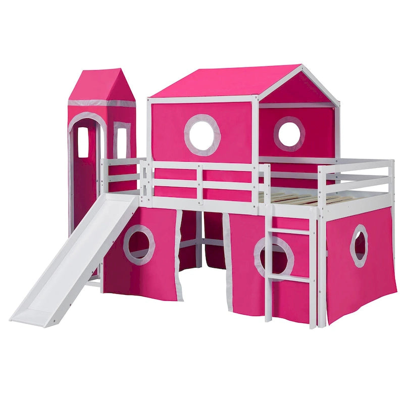 Kids Castle Loft Bed with Slide Tent and Tower, Pink/Blue