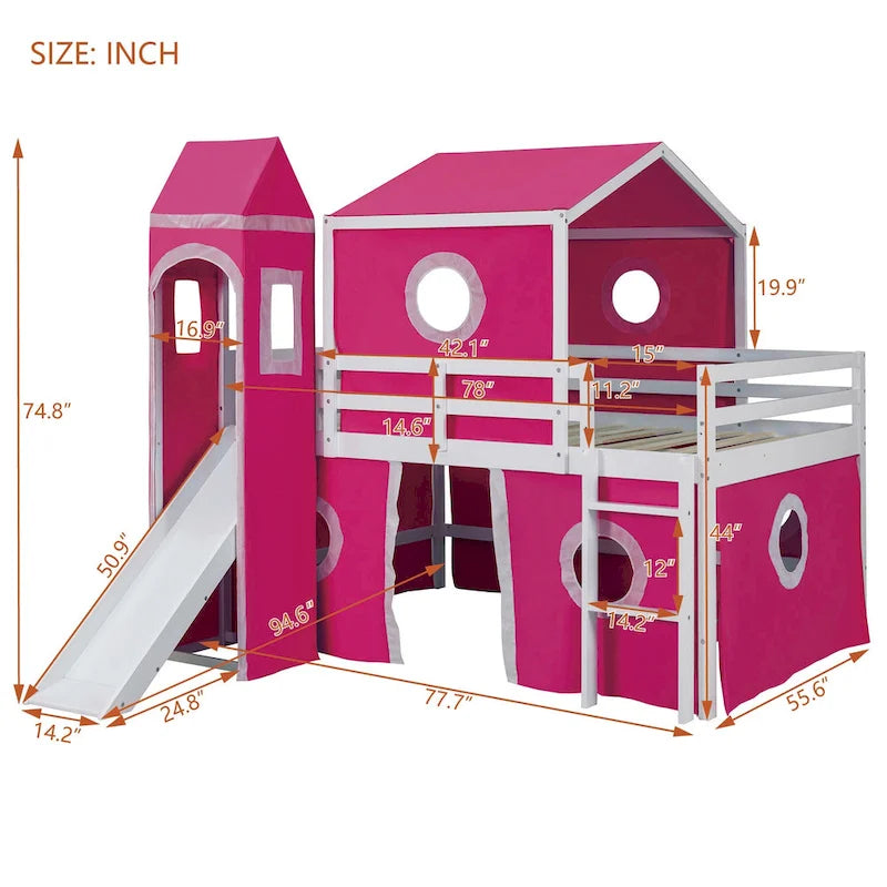 Kids Castle Loft Bed with Slide Tent and Tower, Pink/Blue