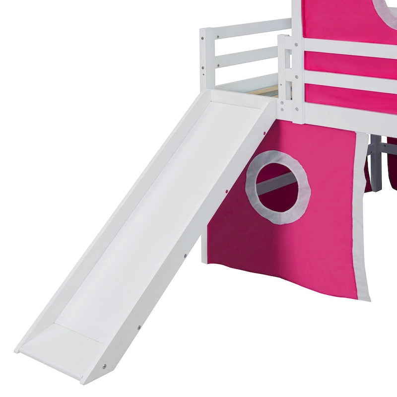 Kids Castle Loft Bed with Slide Tent and Tower, Pink/Blue