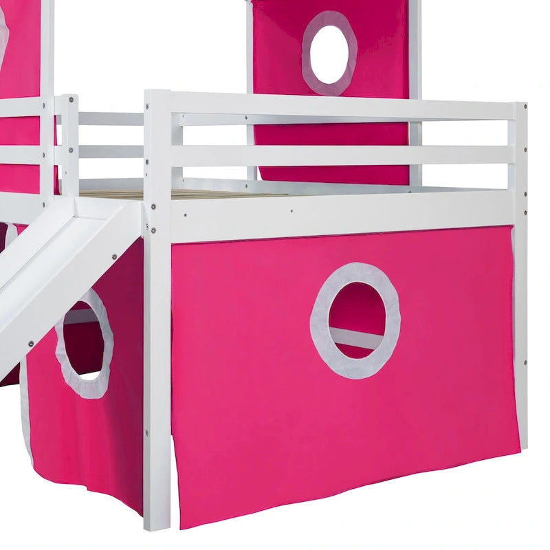 Kids Castle Loft Bed with Slide Tent and Tower, Pink/Blue