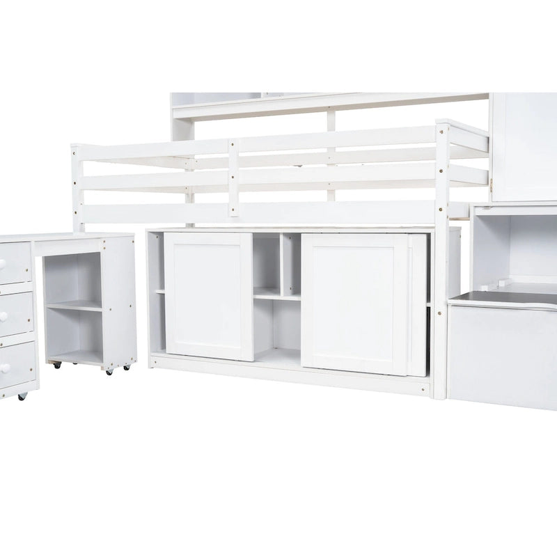Twin Size Wooden Loft Bed Big Storage with Under-bed Desk, with Drawers, with Shelves