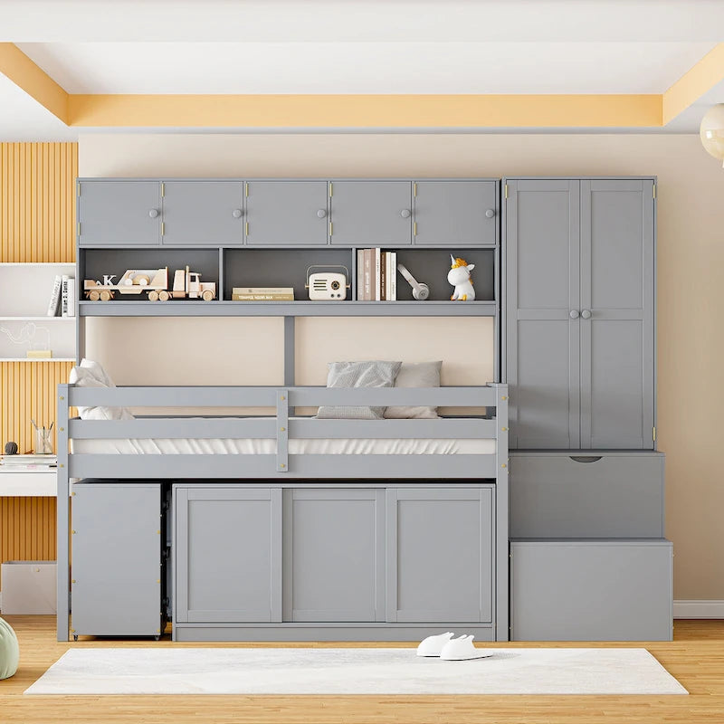 Wooden Loft Bed with Storage Stairs Wardrobe and Shelves Grey