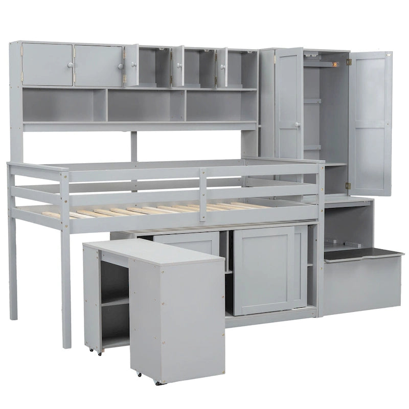 Wooden Loft Bed with Storage Stairs Wardrobe and Shelves Grey