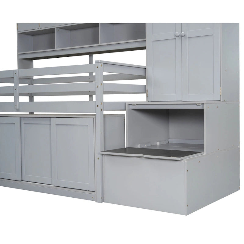 Wooden Loft Bed with Storage Stairs Wardrobe and Shelves Grey
