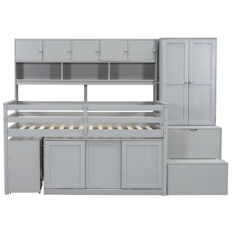 Wooden Loft Bed with Storage Stairs Wardrobe and Shelves Grey