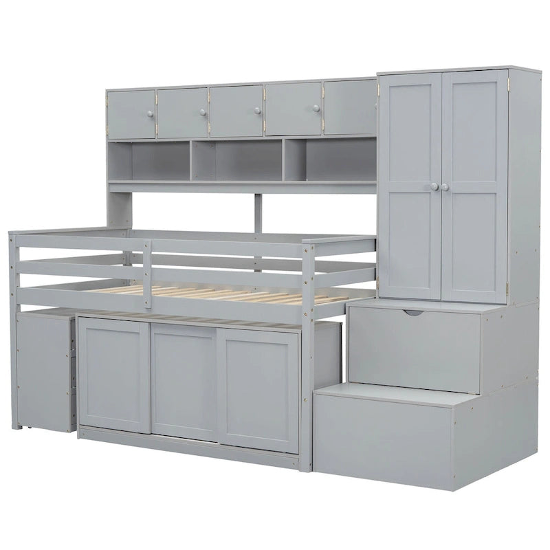 Wooden Loft Bed with Storage Stairs Wardrobe and Shelves Grey