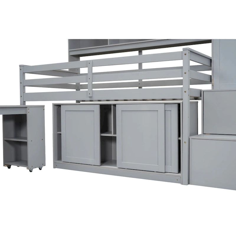 Wooden Loft Bed with Storage Stairs Wardrobe and Shelves Grey