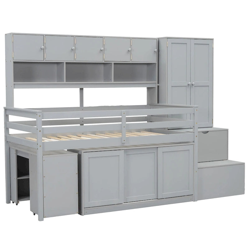Wooden Loft Bed with Storage Stairs Wardrobe and Shelves Grey