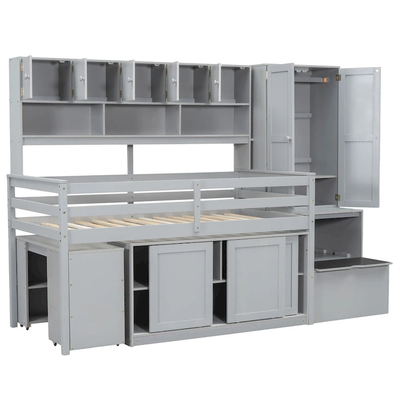 Wooden Loft Bed with Storage Stairs Wardrobe and Shelves Grey