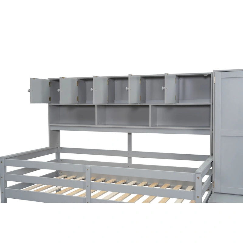 Wooden Loft Bed with Storage Stairs Wardrobe and Shelves Grey