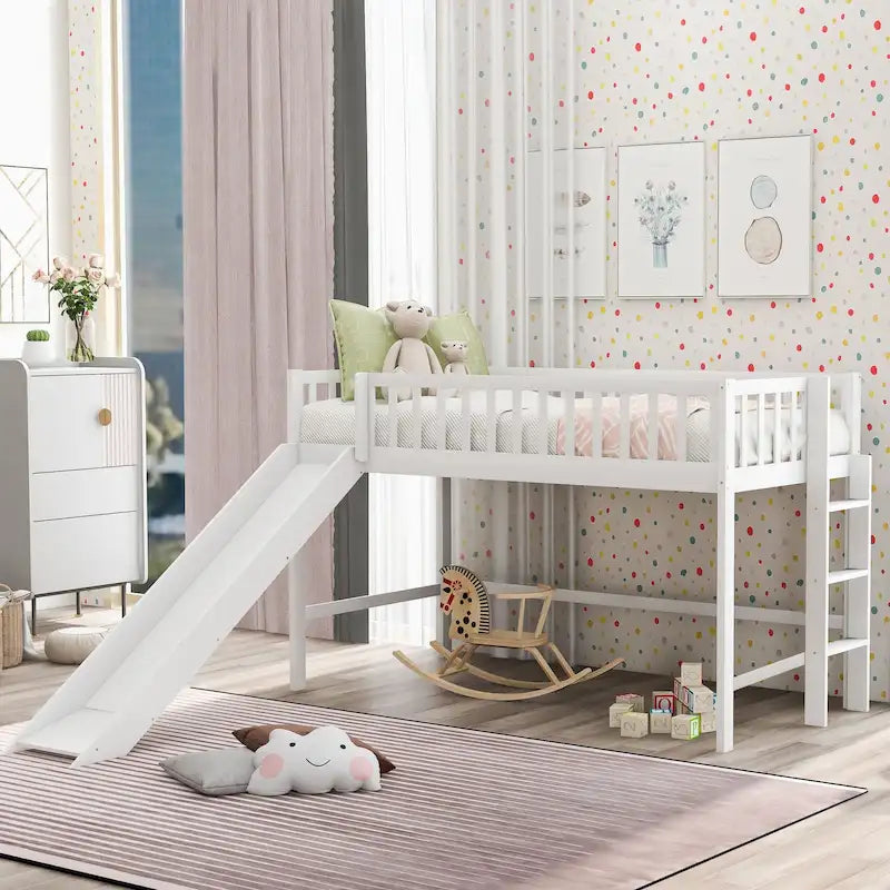 White Wood Low Loft Kids Bed with Fun Slide and Vertical Ladder