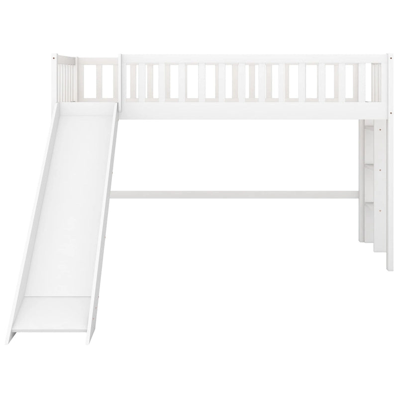White Wood Low Loft Kids Bed with Fun Slide and Vertical Ladder