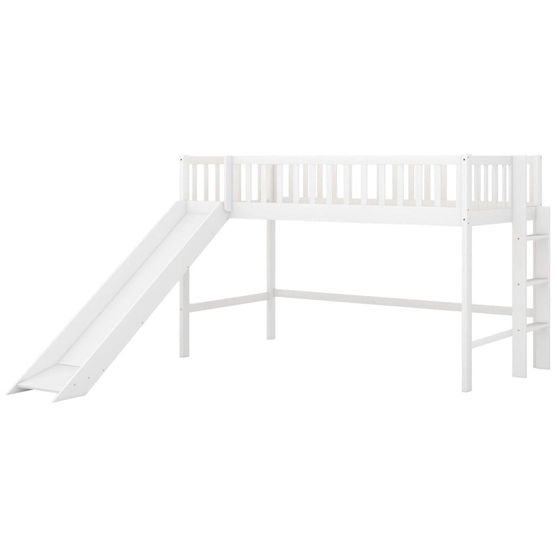 White Wood Low Loft Kids Bed with Fun Slide and Vertical Ladder