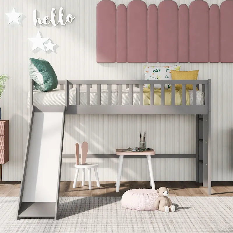 White Wood Low Loft Kids Bed with Fun Slide and Vertical Ladder